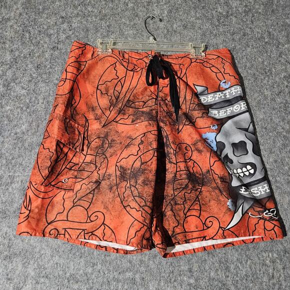 Ed Hardy Shorts Mens Medium Skull Death Before Dishonor Swim Trunks Tattoo - Picture 1 of 8